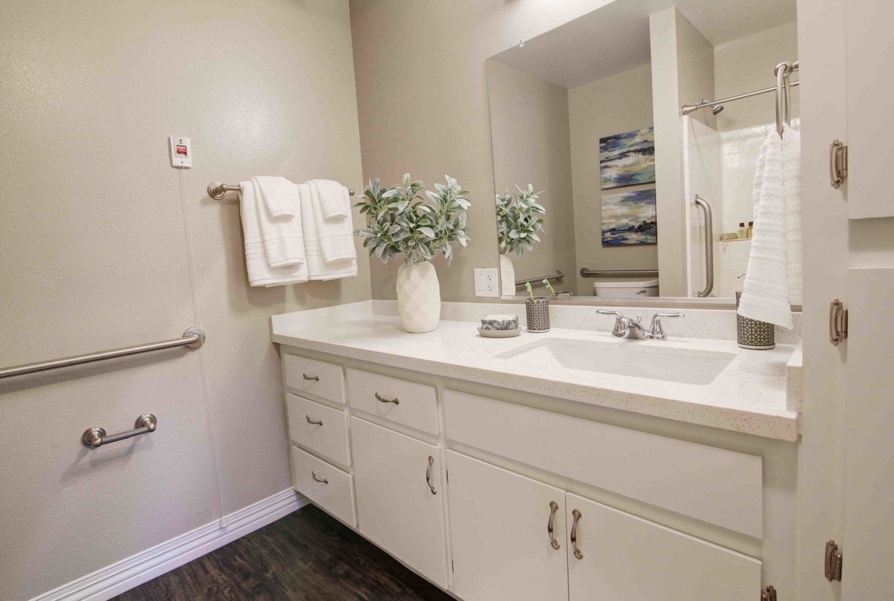 Bright, modern bathroom with accessible features