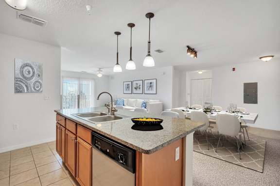 Spacious kitchen and dining area in an apartment.
