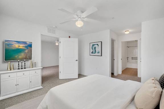 Bright, spacious interior bedroom with modern decor