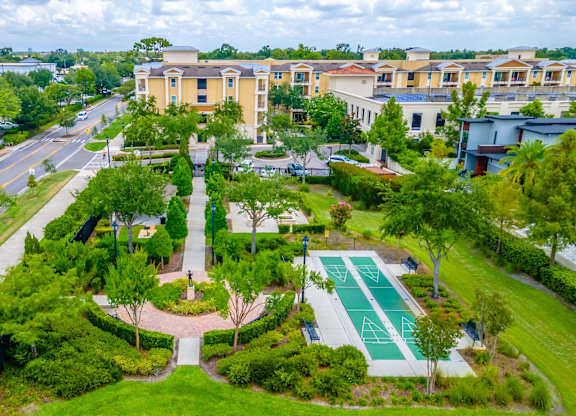 Aerial view of landscaped outdoor area with pathways.
