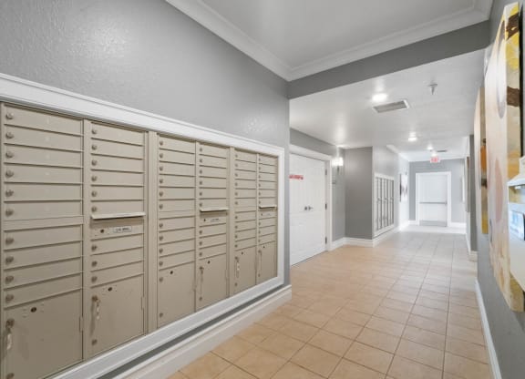 Interior hallway with mailboxes.