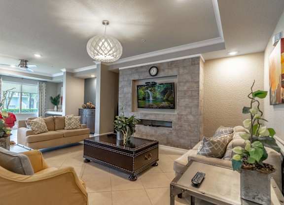 Cozy lobby area with seating and decor.
