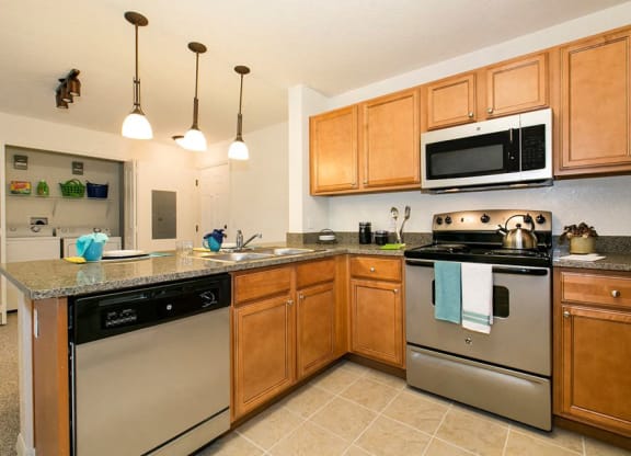 Bright kitchen with modern appliances and cabinetry.