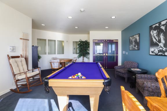 Interior common area with a pool table and seating