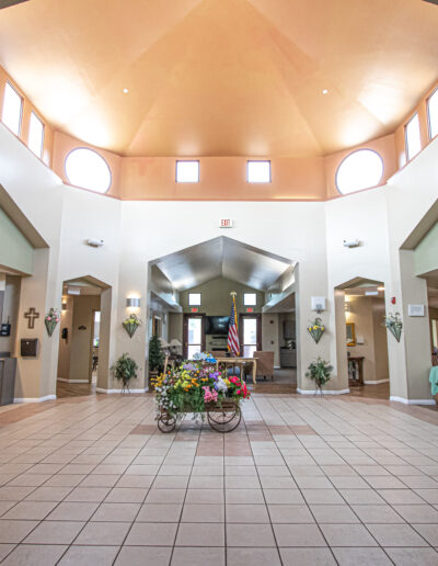 Common area with flower cart and benches