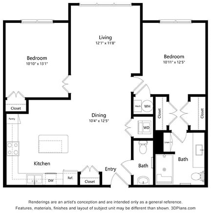 Architectural floor plan of a two-bedroom apartment