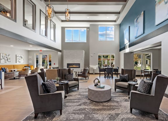 Bright common area with seating and decor