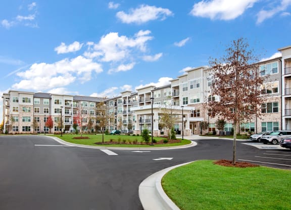 Exterior view of StonePointe Senior Living with landscaped grounds