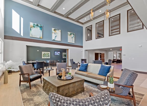 Bright common area with seating and artwork