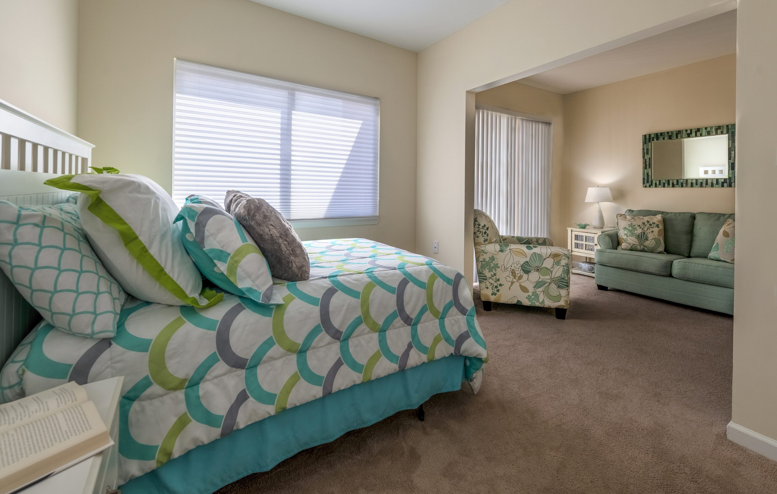 Comfortable private resident room with a sitting area