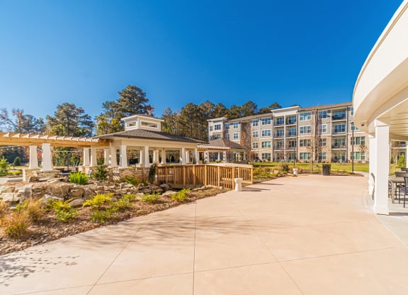 Outdoor space with a gazebo and landscaped area
