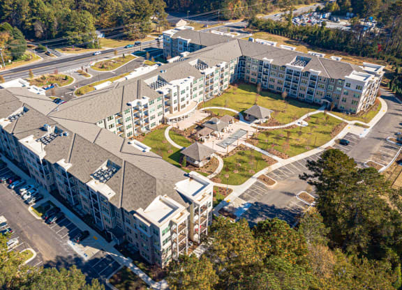 Aerial view of StonePointe Senior Living campus with landscaped areas