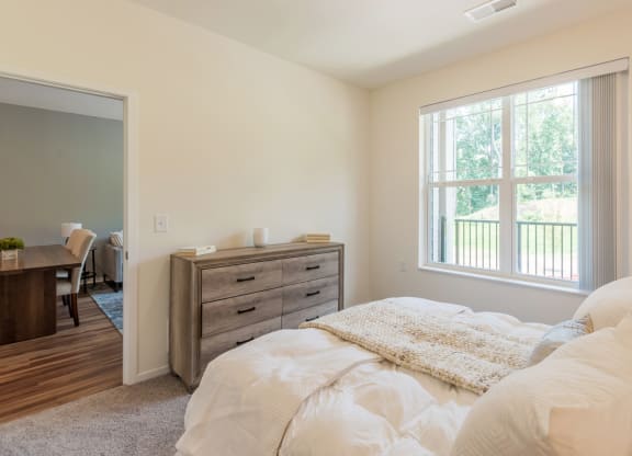 Bright, furnished bedroom looking into living area