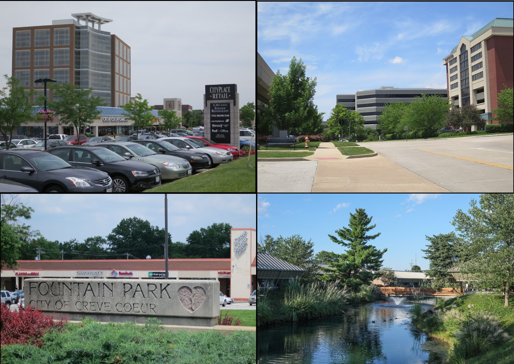 Exterior views of various buildings and parking areas