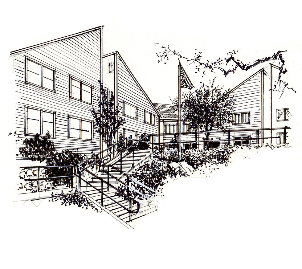 Sketch of a facility with surrounding landscaping and flag.
