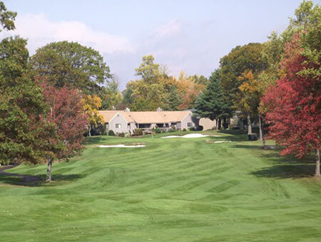 View of a landscaped area with trees and a building