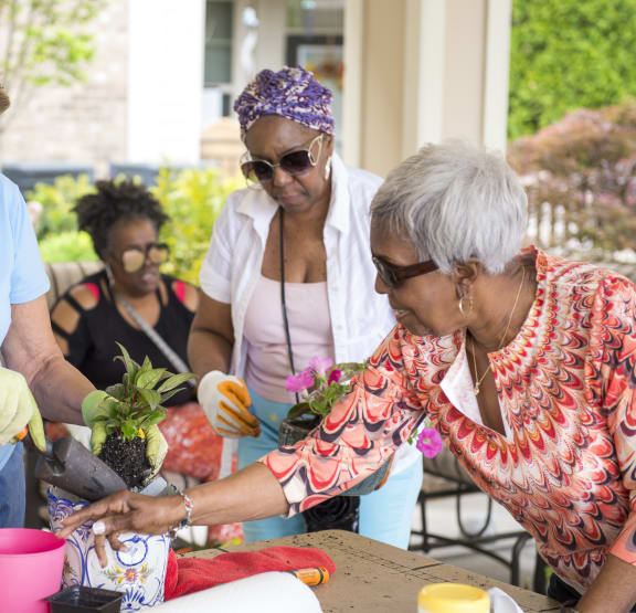 Residents engaged in gardening activities outdoors.