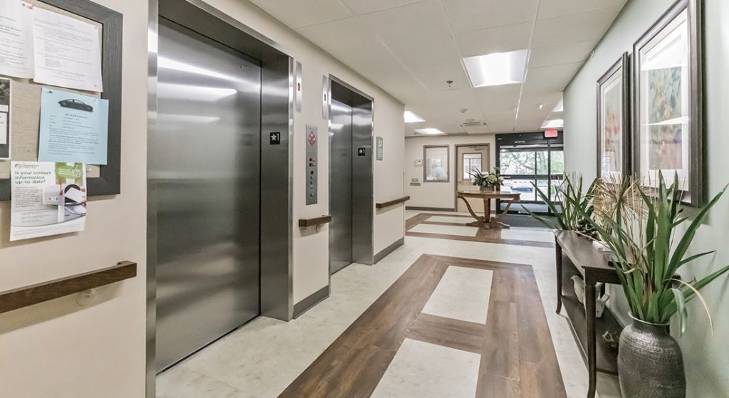 Interior hallway with elevators and plants