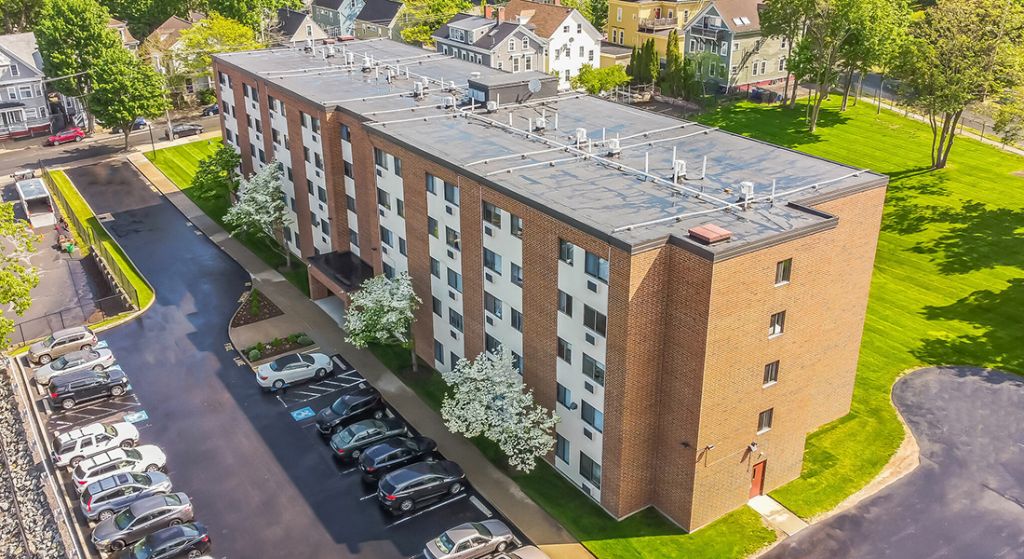 Aerial view of the Center Place Senior Apartments building.