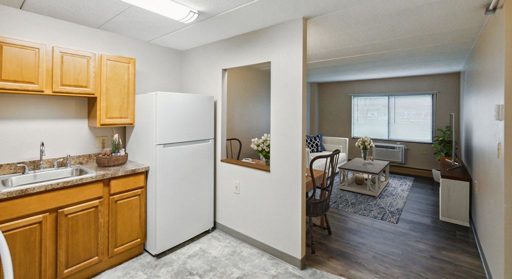 Living room and kitchen area in a senior apartment.
