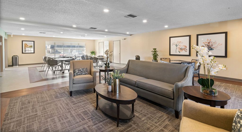Bright and inviting common area with seating