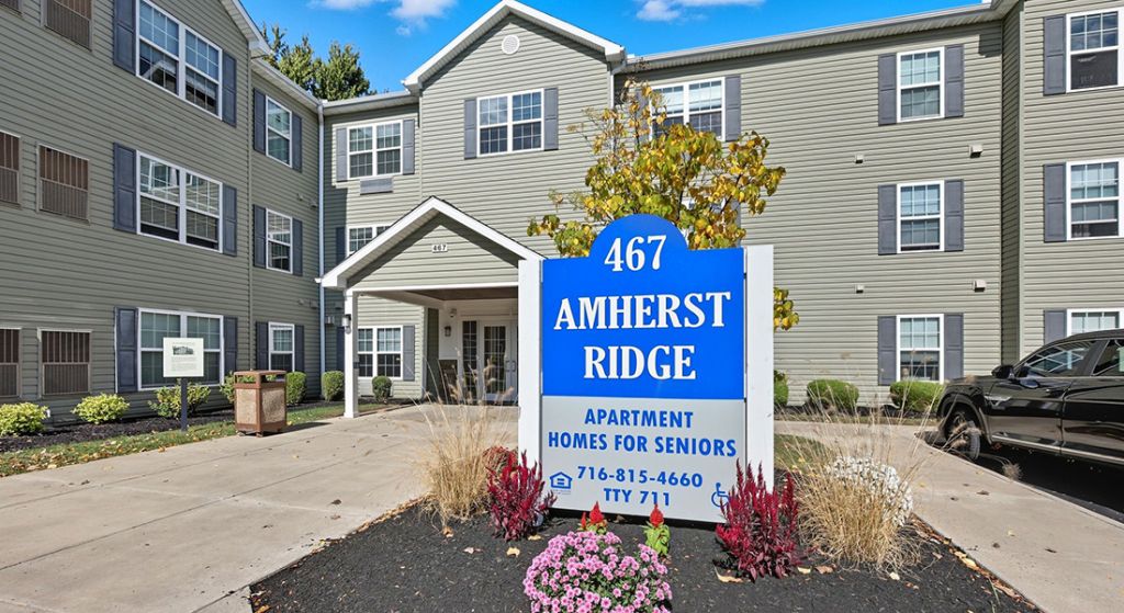 Front exterior of Amherst Ridge apartments for seniors.