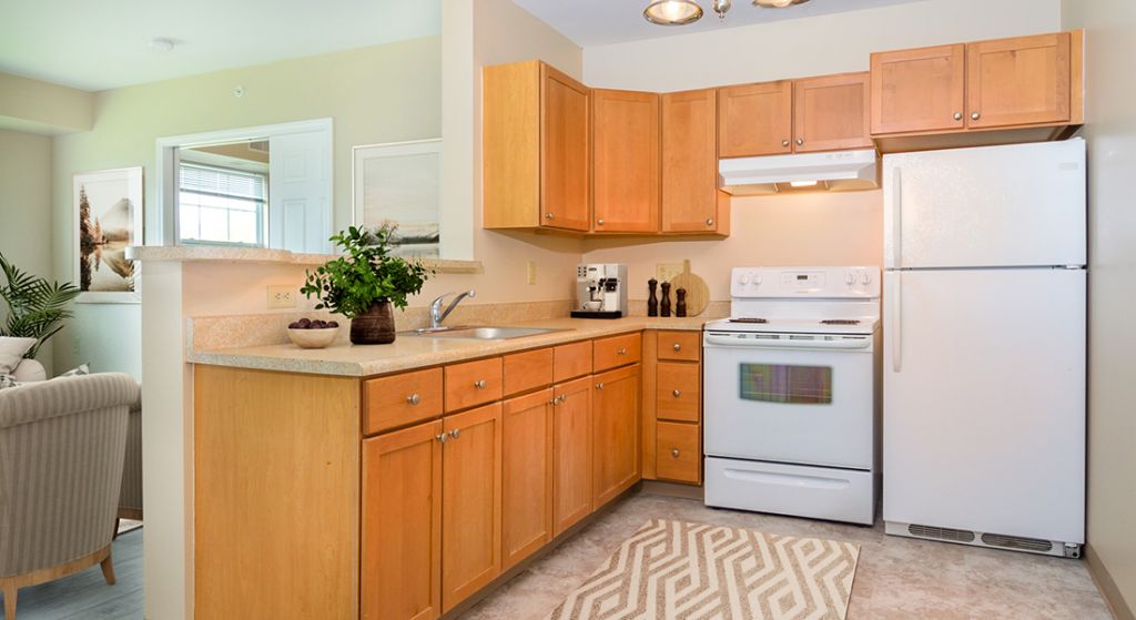 Modern kitchen area with wooden cabinets.