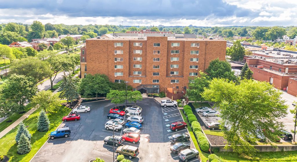 Aerial view of Center Place Senior Apartments exterior.
