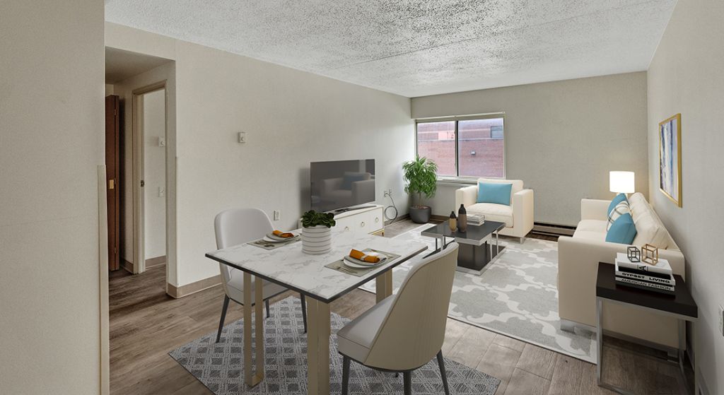Interior living space with seating and dining area