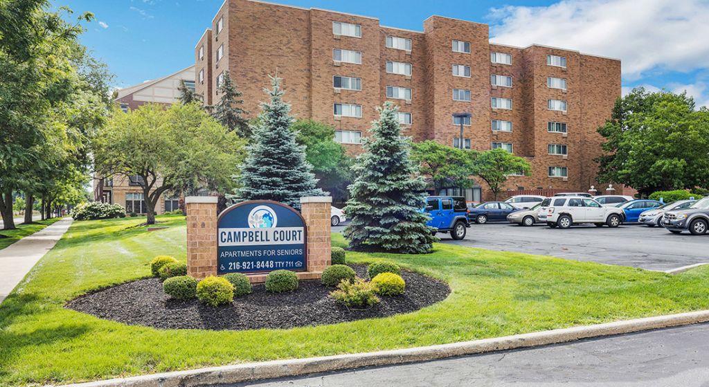 Exterior view of Campbell Court Apartments for seniors.