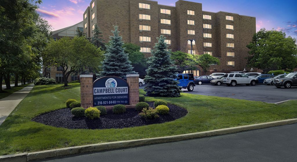 Exterior view of Campbell Court with landscaped grounds.