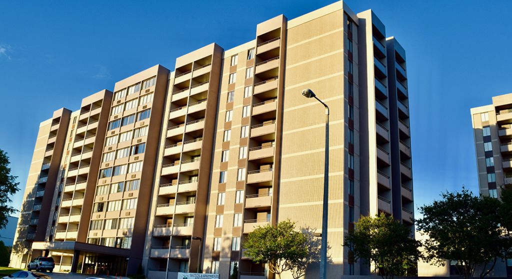 Exterior view of Center Place Senior Apartments building.