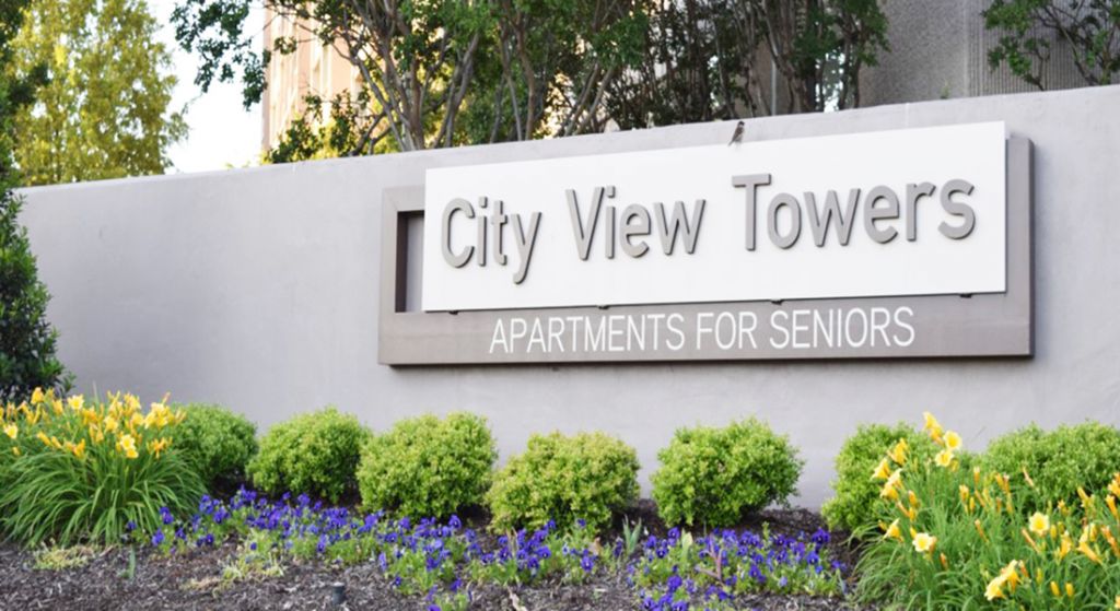 Exterior sign of City View Towers for seniors