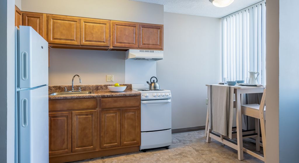 Bright kitchen space in a senior apartment.