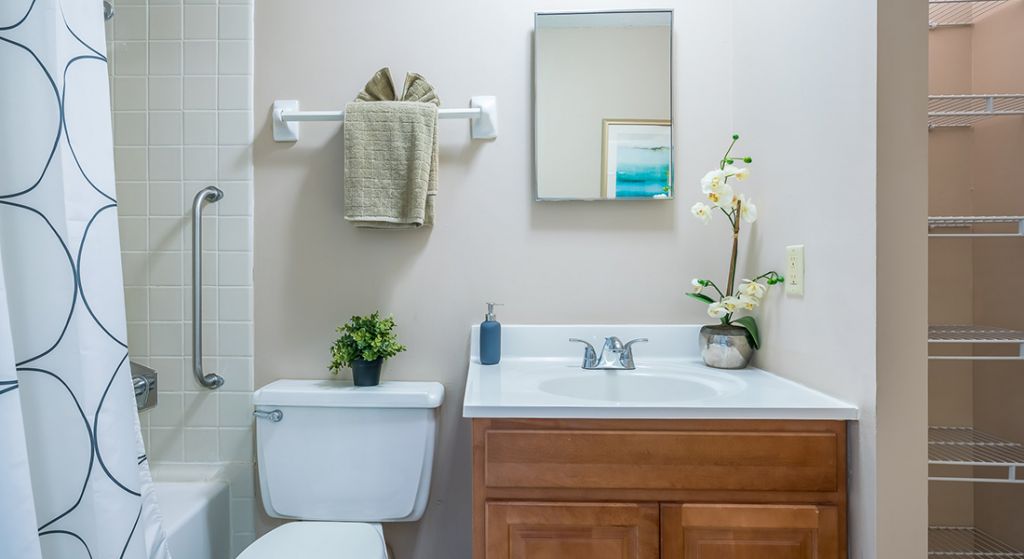 Clean bathroom with modern fixtures and decor.