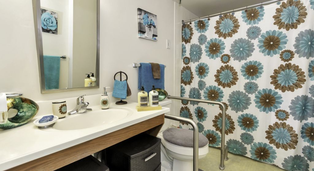 Bright bathroom with colorful shower curtain and decor