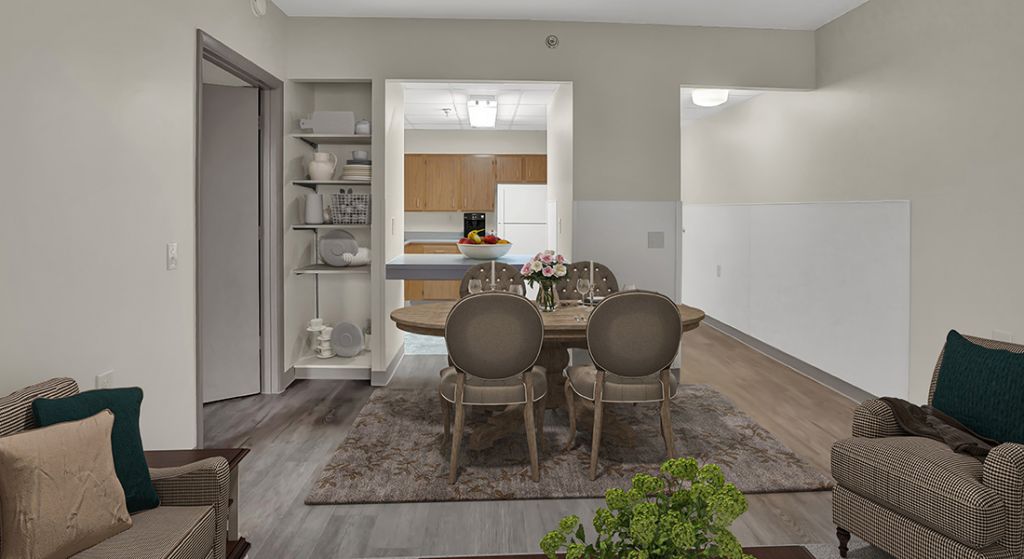 Interior view of a dining area with furniture