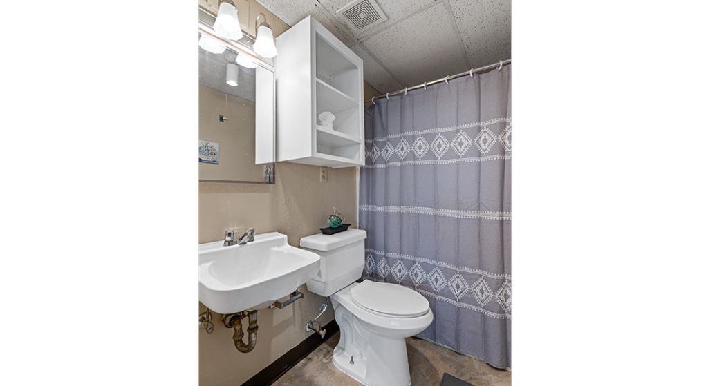 Clean, simple bathroom with shower curtain and sink.