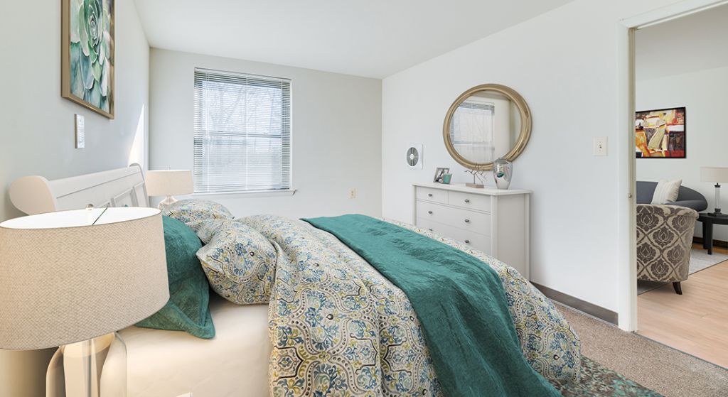 Brightly decorated bedroom in a senior apartment