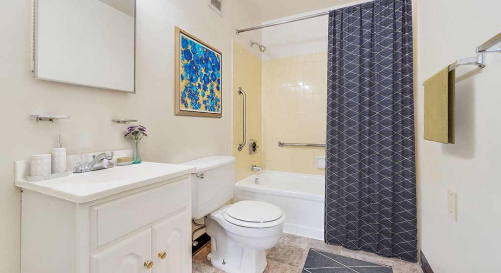 Modern bathroom with a shower and vanity