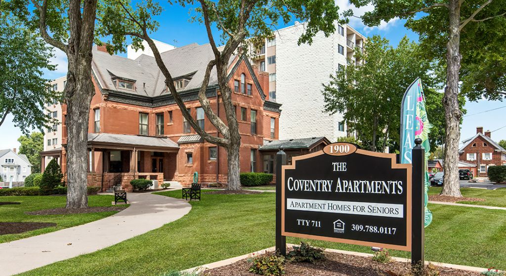 Exterior view of Coventry Apartments for seniors.