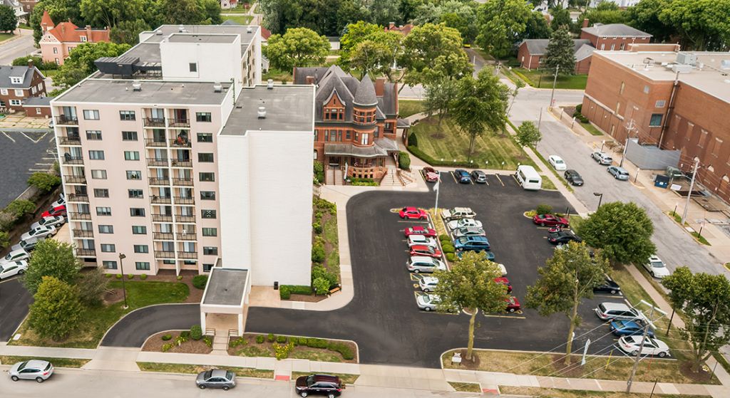 Aerial view of Center Place Senior Apartments and surrounding area.