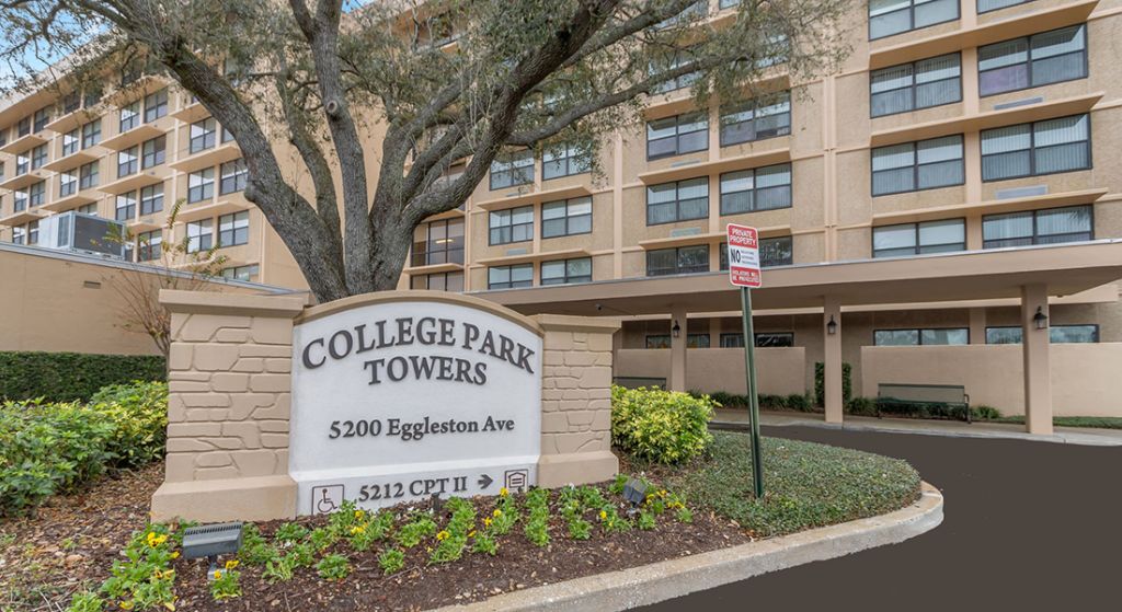 Exterior view of College Park Towers sign and building