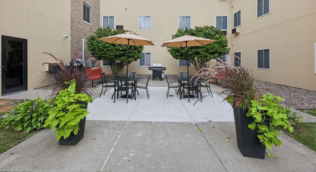 Outdoor seating area with umbrellas and plants
