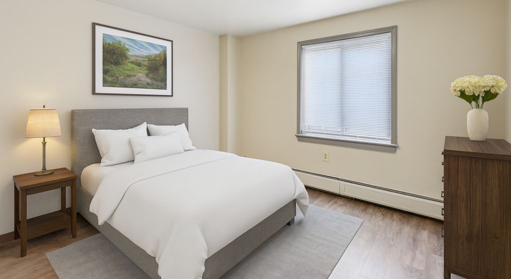 Cozy bedroom with minimal decor and natural light.