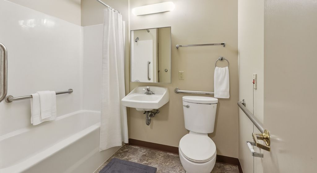 Accessible bathroom with grab bars and shower.