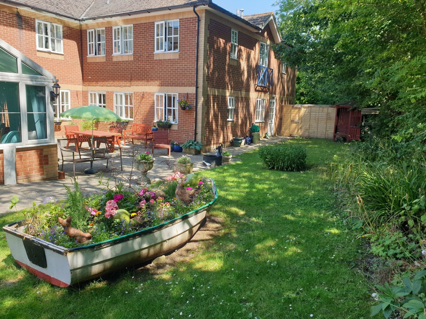 Garden area with vibrant flowers and seating