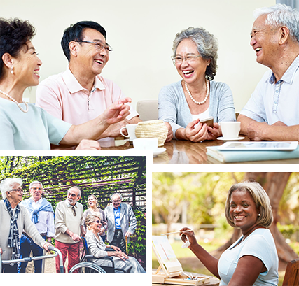 Residents enjoying activities and conversation together.