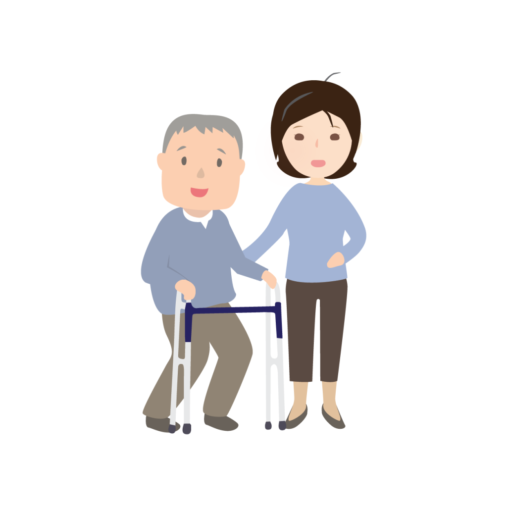 Cartoon of an elderly man with a walker and a woman