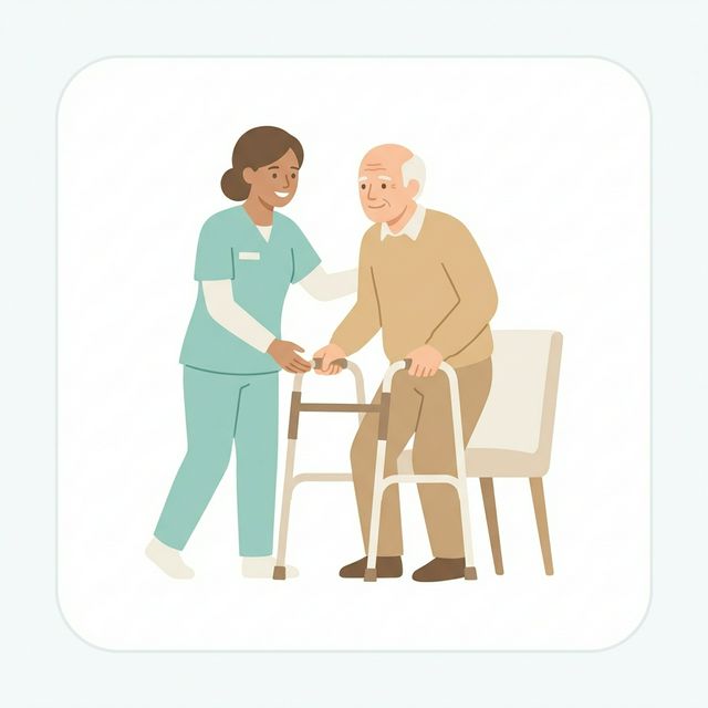 Caregiver assisting an elderly man with a walker.